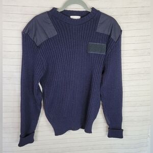 THE WOOLY PULLY MILITARY STYLE 100% WOOL SHOULDER PATCH SWEATER NAVY, SZ LARGE
